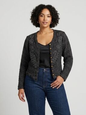 Vintage Classic Textured Dark Gray Button-Front Women's Sweater